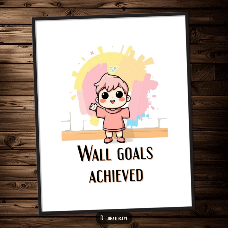 Funny poster showing a cheerful character admiring a freshly painted wall with pride, creating a humorous scene of accomplishment and DIY satisfaction.