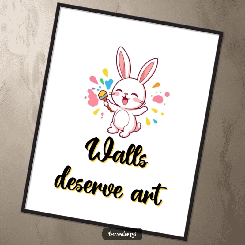 Funny poster showing a cute bunny character excitedly applying colorful paint to a wall, creating a vibrant artwork.