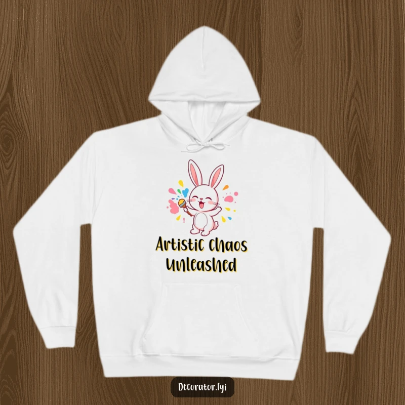 Funny hoodie depicting a cute bunny character excitedly painting a wall with a variety of bright, cheerful colors.
