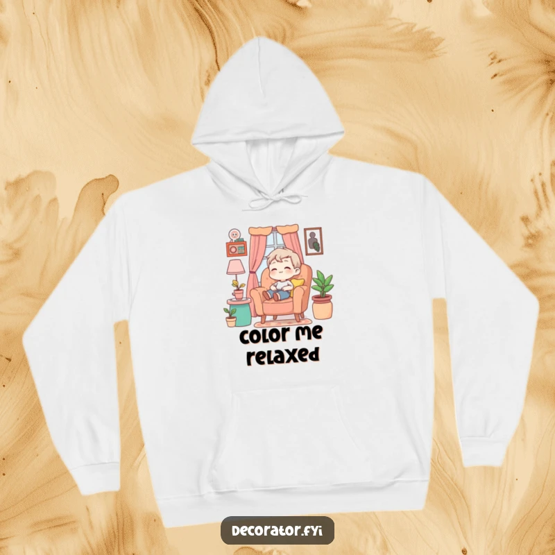 Funny Hoodie depicting a content character comfortably nestled in an armchair, basking in the glow of colorful home decor.