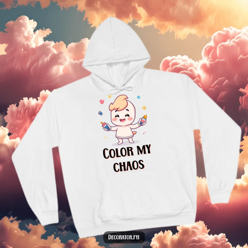 Funny Hoodie featuring a grinning character playfully juggling small paint pots, embodying creative energy and fun.