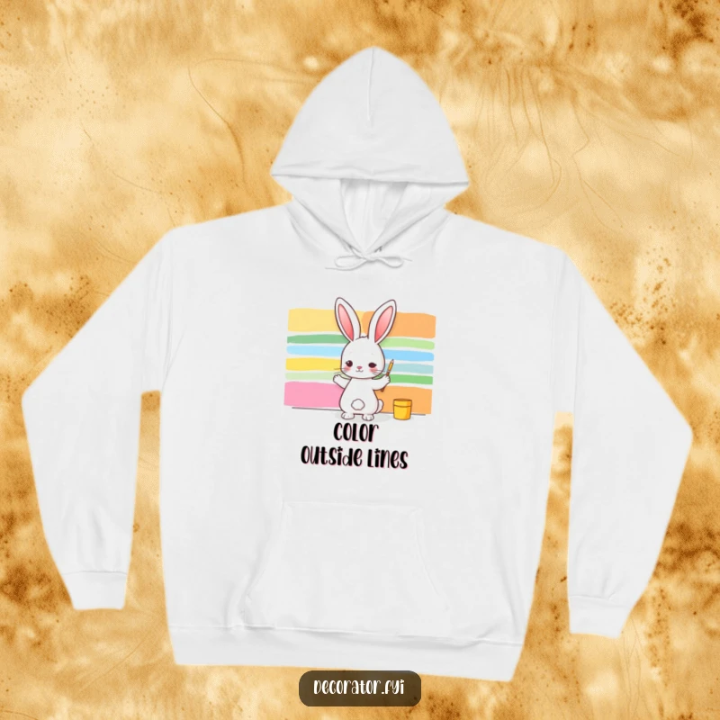 Funny hoodie: a cheerful rabbit artist is captured mid-stroke, painting dynamic colorful stripes on a wall, radiating pure joy.