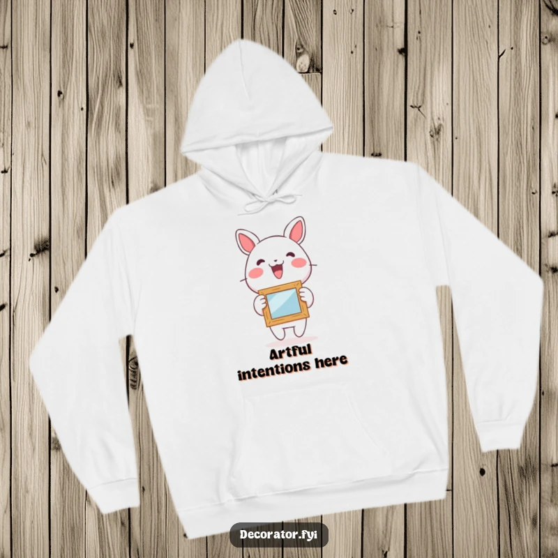 Funny hoodie with a lively character excitedly hanging a small, whimsical picture frame, perfect for art lovers seeking warmth and wit.