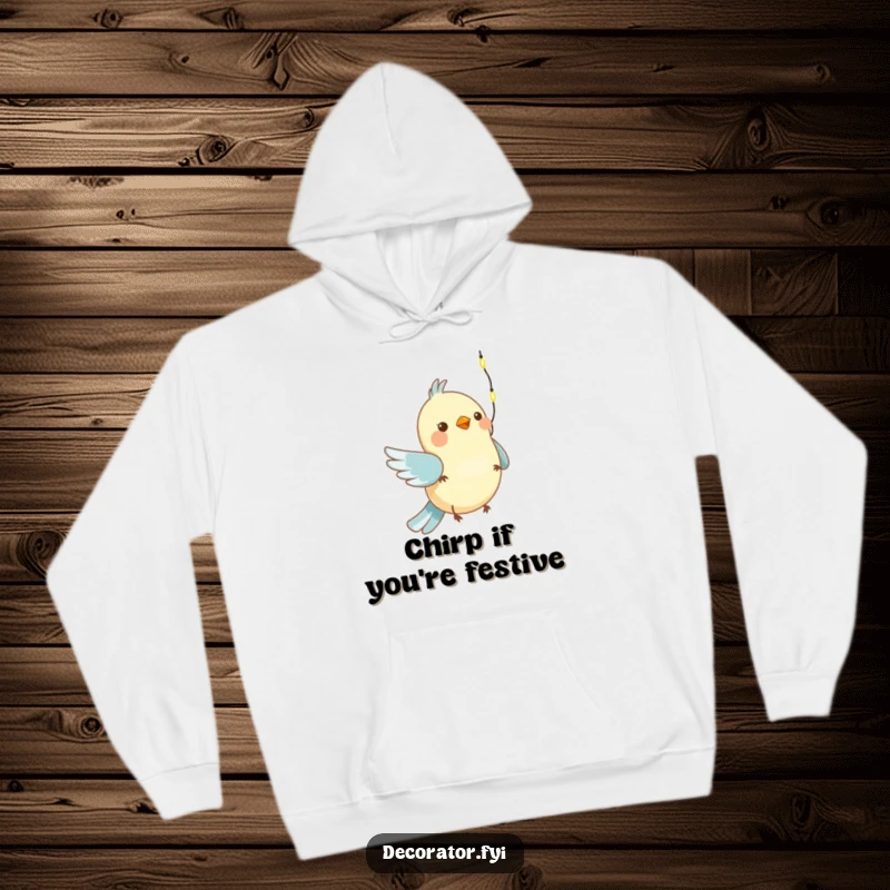 Funny hoodie depicting a cute bird cheerfully hanging a string of small lights, ideal for cozy holiday evenings.