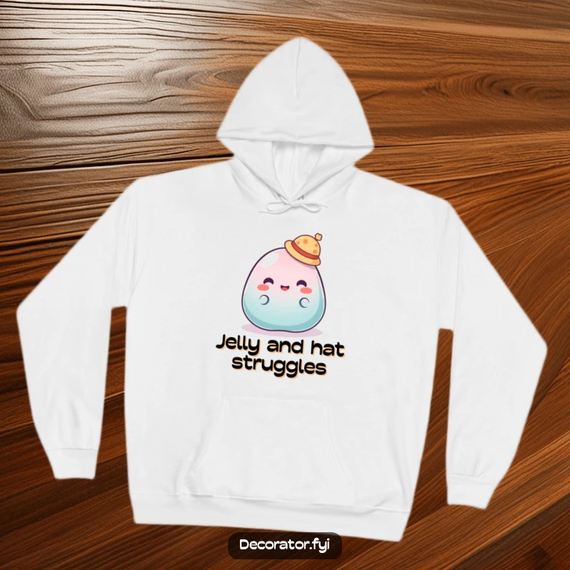 Funny hoodie displaying a wobbly blob of jelly comically trying to balance a tiny hat, radiating silly charm.