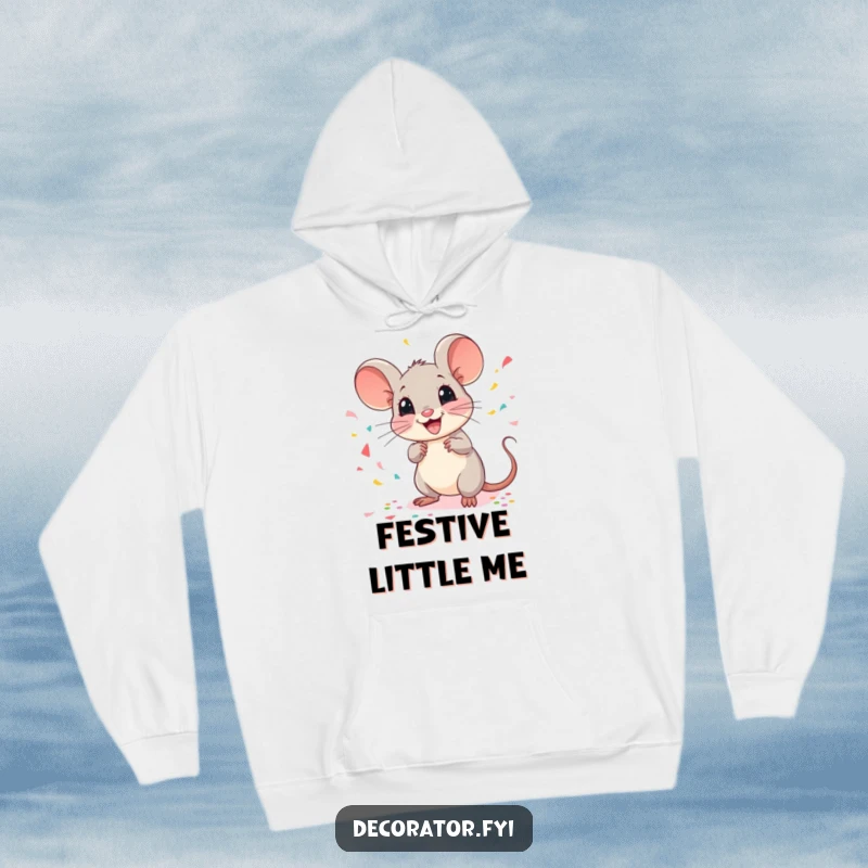 Funny mouse hoodie featuring a cheerful mouse scattering confetti with a flourish, perfect for staying warm during festive occasions.