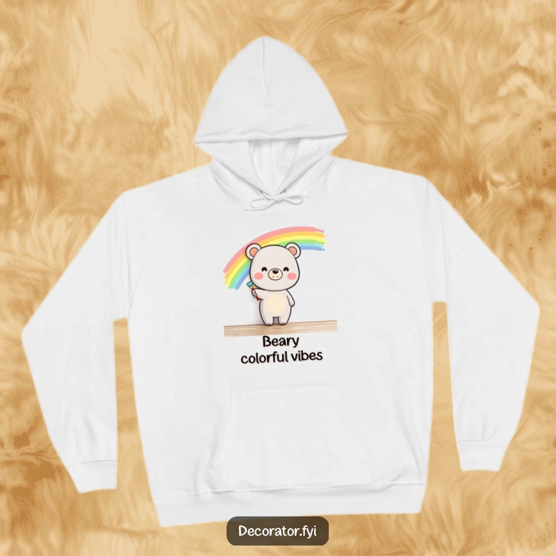Funny smiling bear painting a vivid rainbow on a canvas wall, radiating happiness and artistic flair for a hoodie design.