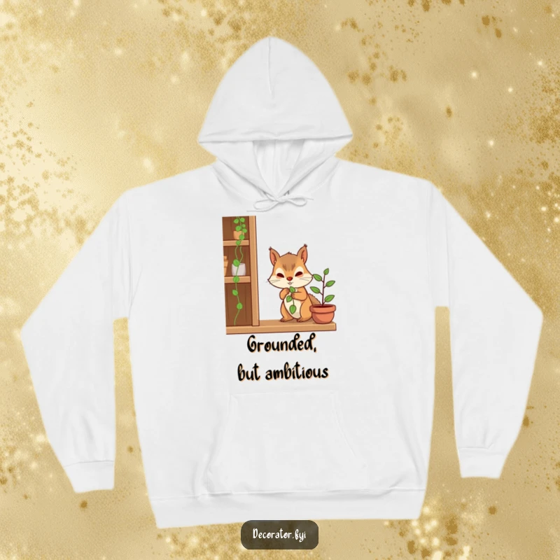 Funny hoodie featuring a determined squirrel character carefully placing a tiny plant on a shelf, perfect for cozy gardening vibes.