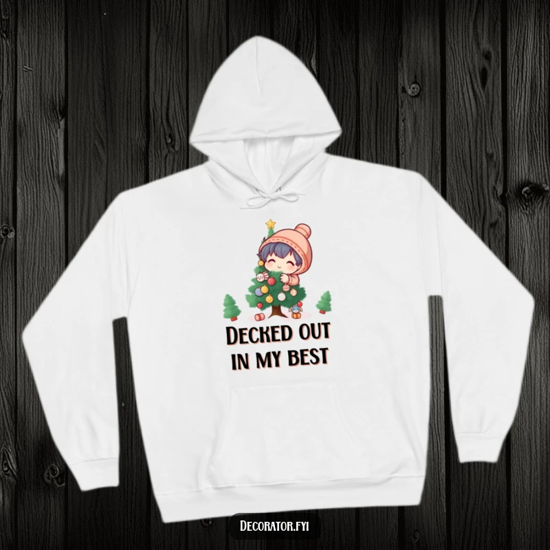 Funny Hoodie: A playful character gleefully adorns a small tree with tiny, shimmering holiday ornaments.