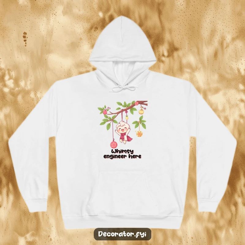 Funny hoodie featuring a delighted character happily hanging whimsical decorations from a branch, perfect for holiday enthusiasts.
