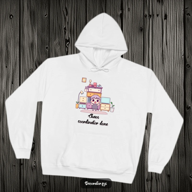 Funny hoodie illustrating a surprised character observing a perfectly arranged furniture stack, cozy and humorous.