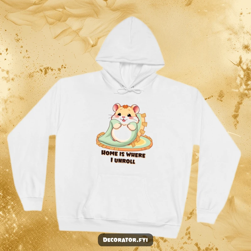 Funny hoodie with a hamster happily spreading out a colorful, patterned rug, exuding warmth and contentment.