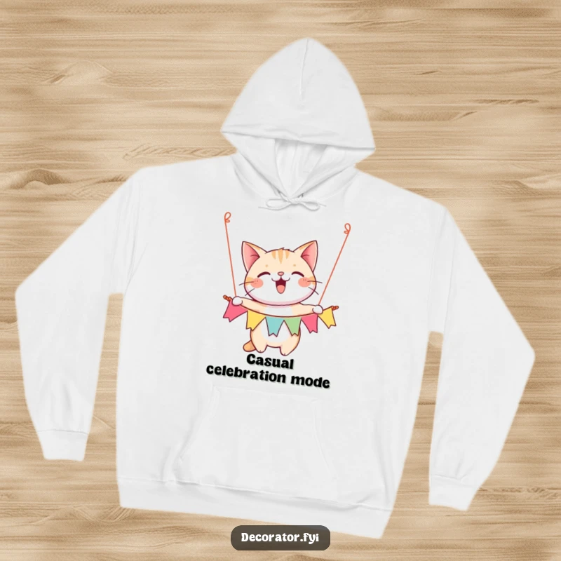 Funny hoodie depicting a happy cat character gleefully hanging a colorful festive banner, ready for a celebration.