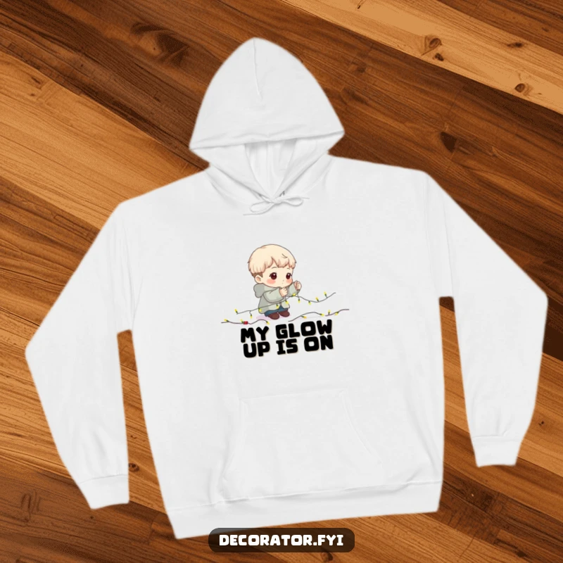 Funny Hoodie: Character with a serious expression, carefully adorning a garland with lights.