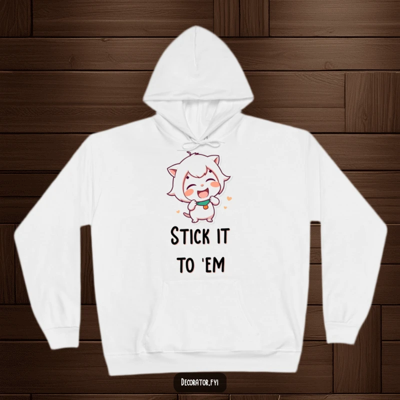 Funny Hoodie depicting a sly character caught in a fit of giggles while affixing a humorous decal with playful intent.