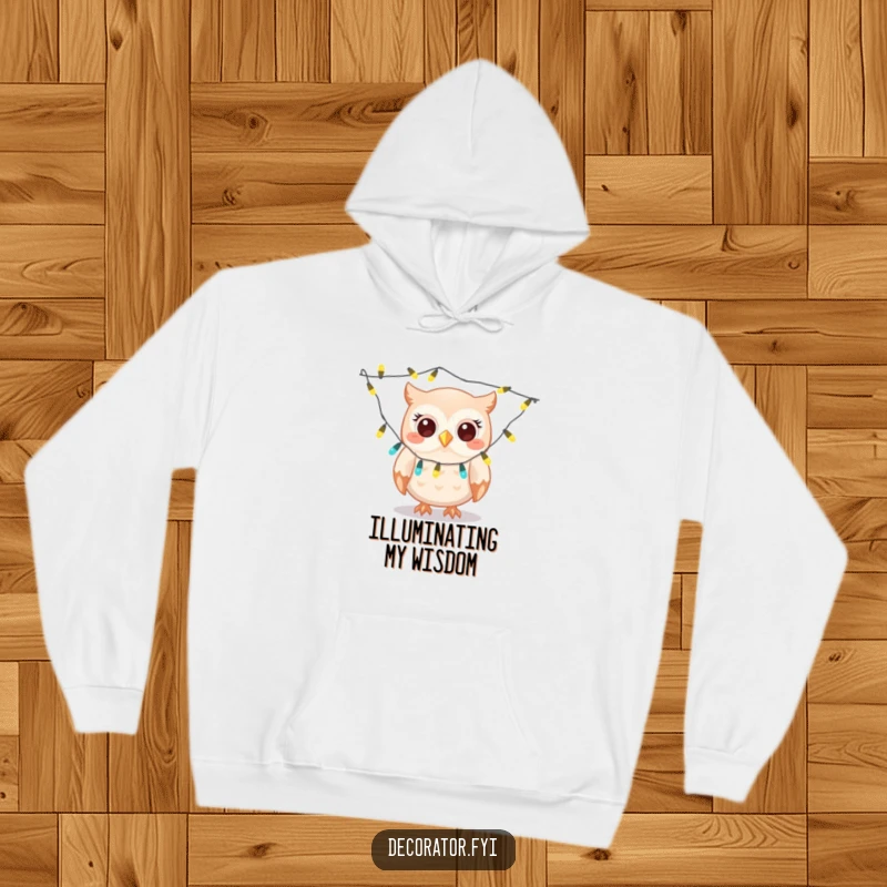 Funny owl hoodie, a giggling character gleefully draping twinkling lights, offering cozy comfort and humorous holiday spirit.