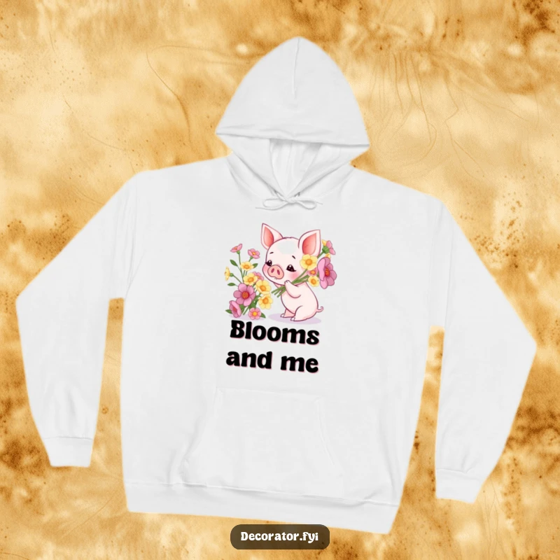 Funny hoodie featuring a piglet admiring a lovely bouquet of flowers, radiating warmth, cuteness, and gentle humor.