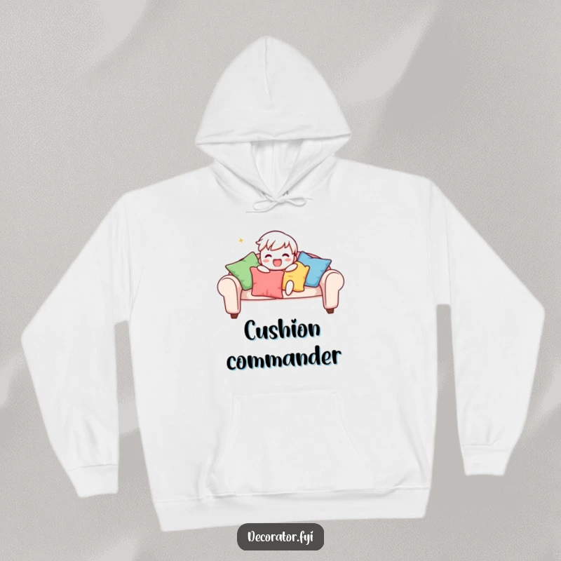 Funny hoodie showing a playful character gleefully arranging colourful cushions on a sofa, offering warmth and a touch of stylish humor.