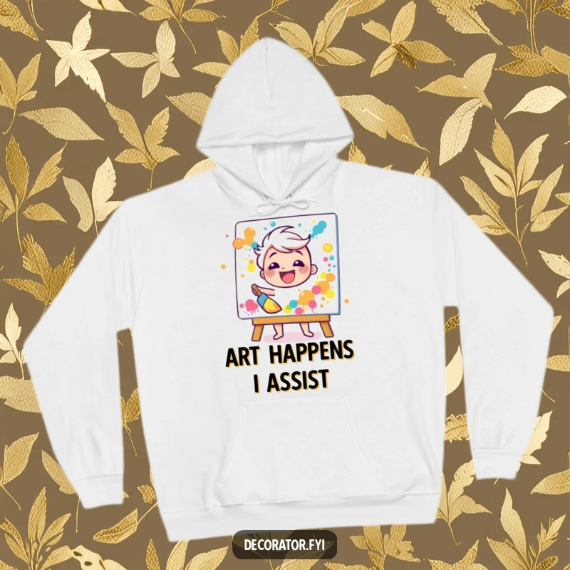 Funny hoodie showcasing a happy character gleefully splattering paint onto a canvas with a broad brush, perfect for art enthusiasts.