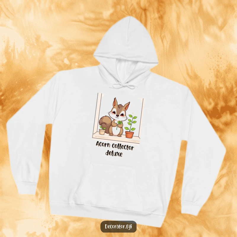 Funny squirrel hoodie, a determined character carefully placing a tiny plant on a shelf, ideal for cozying up with a humorous gardening vibe.