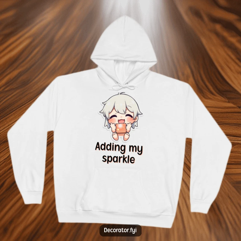 Funny hoodie featuring a character joyfully applying a shiny sticker to a surface, embodying the humorous spirit of happy decoration and personalization.