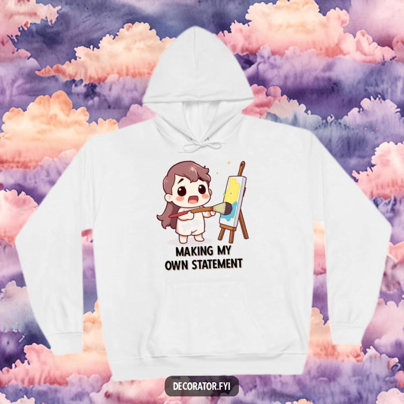 Funny Hoodie: A surprised artist character energetically paints with a comically large paintbrush, making a colorful statement.