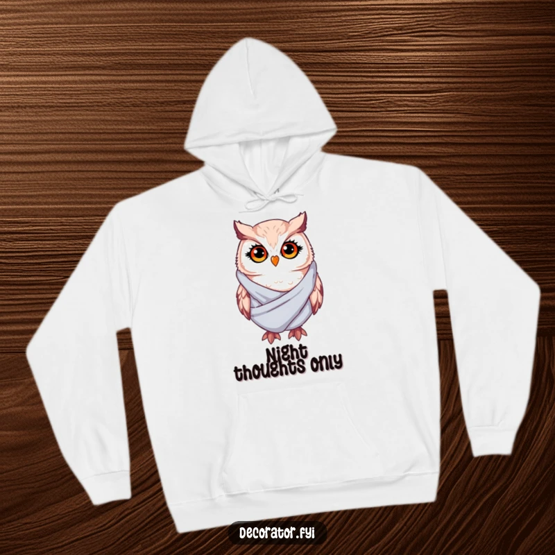 Funny Hoodie: A whimsical owl with twinkling eyes adorably drapes soft fabric, offering a humorous and comforting design.