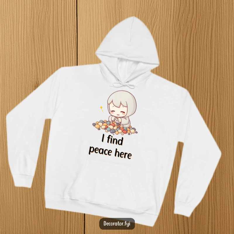 Funny hoodie depicting a content character humming while meticulously arranging tiny decorative stones, offering cozy mindfulness.