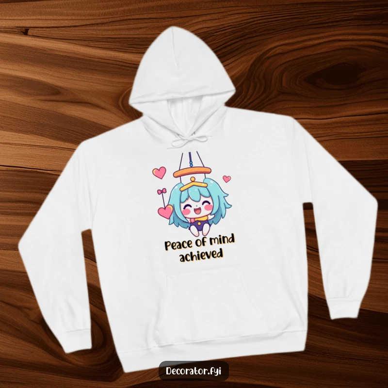 Funny Hoodie: A cheerful character busy hanging a whimsical, colorful mobile, embodying creativity and pure joy.