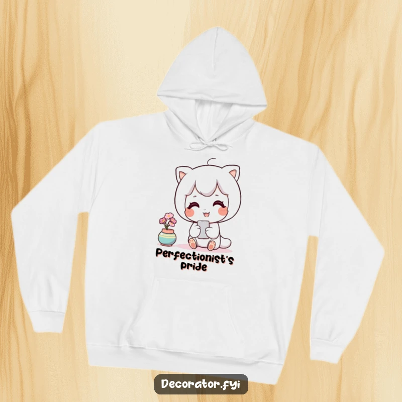 Funny decor hoodie with a contented character happily admiring a perfectly placed accent piece, radiating calm satisfaction.