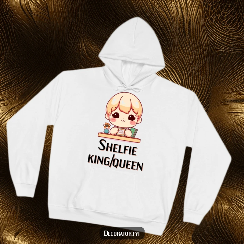 Funny Hoodie featuring a content character with a wide smile, lovingly gazing at a small, impeccably decorated shelf.