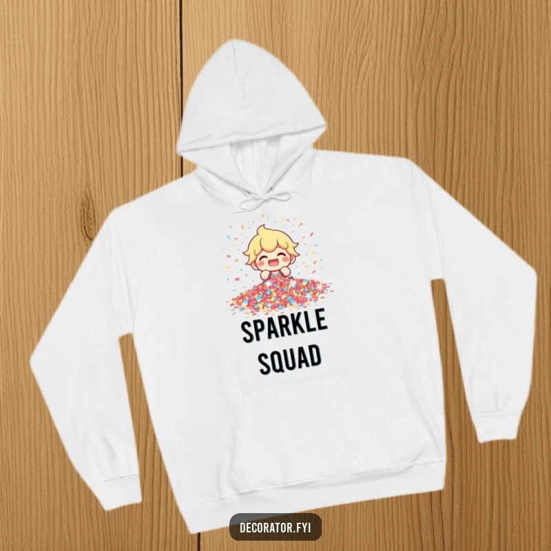 Funny character gleefully arranging a huge pile of shimmering confetti, radiating pure festive energy, cozy and cheerful, a wonderful funny gift.