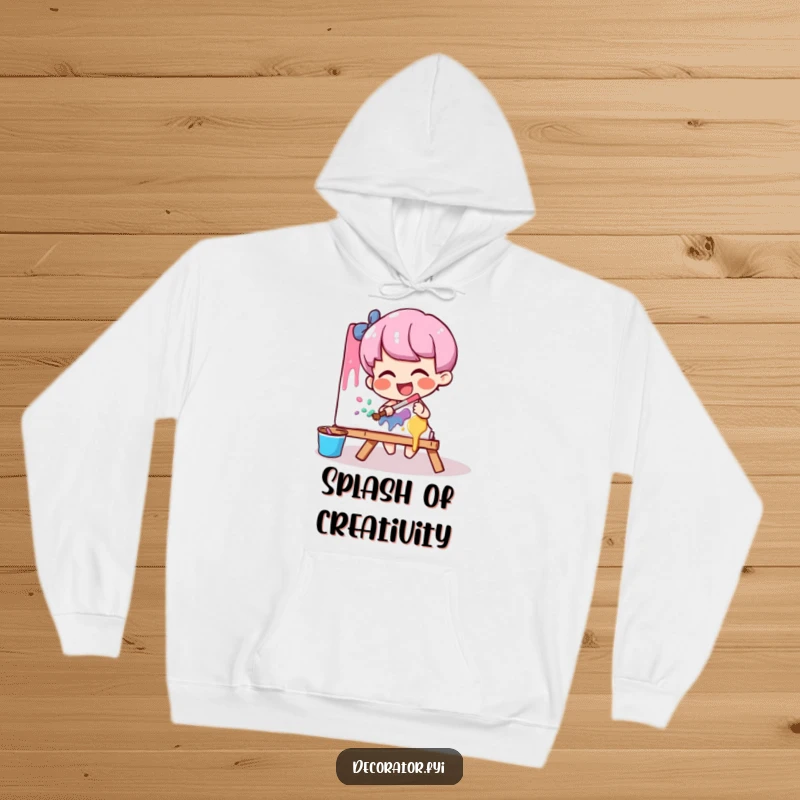 Funny artist hoodie showing a giggling character playfully smearing bright paint onto a canvas with a happy expression.