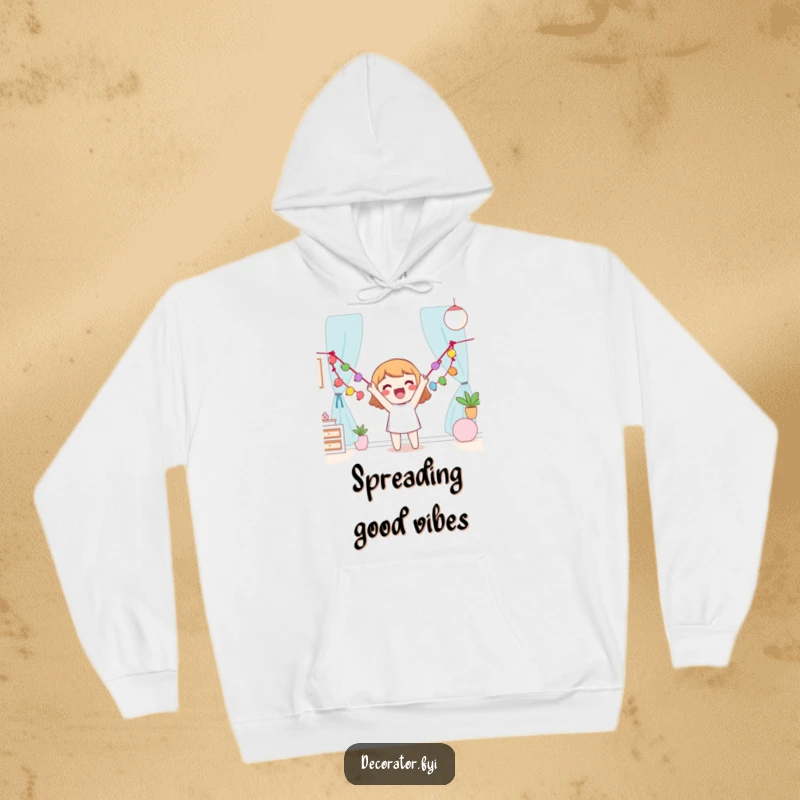 Funny Hoodie illustrating a happy character enthusiastically decorating a room with a colorful garland, radiating festive excitement.