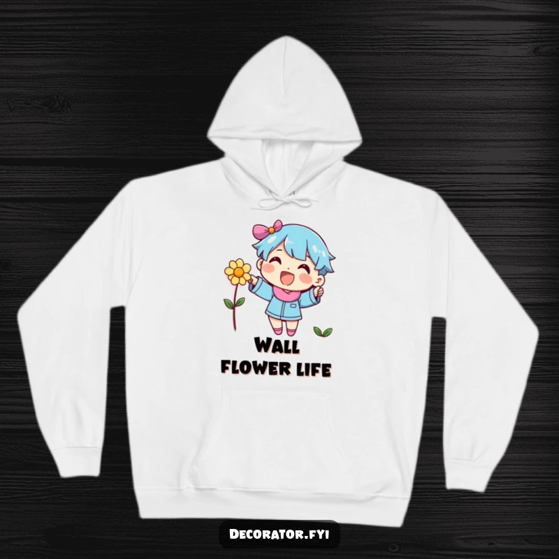 Funny character placing a flower on a wall, cozy hoodie design for lovers of cheerful art.