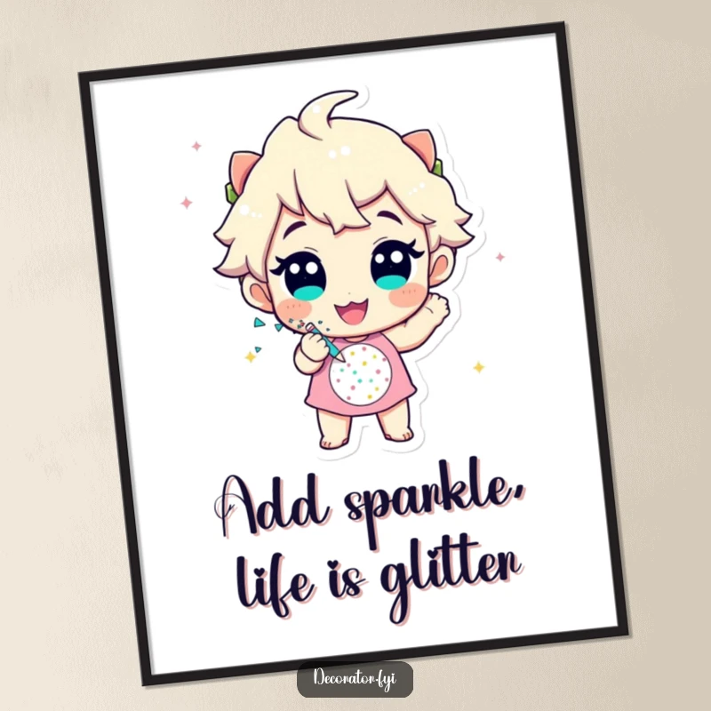 Funny Free Printable Wall Art: A cheerful character enthusiastically applying glittering confetti to a festive, joyful design.