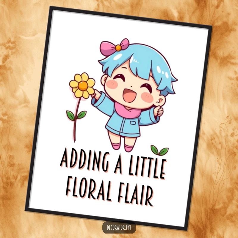 Funny Free Printable Wall Art: A cheerful character enthusiastically places a small decorative flower on a wall, adding a touch of whimsical beauty.