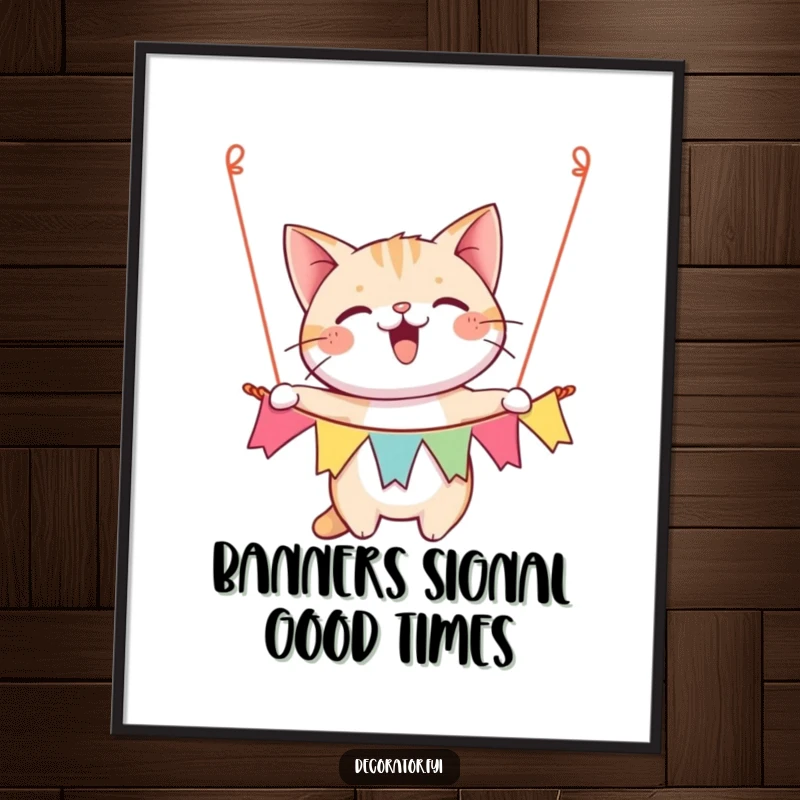 Funny Free Printable Wall Art: A happy cat gleefully hangs a colorful, festive banner, spreading cheer and celebration.