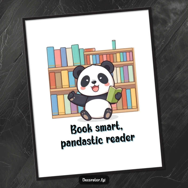 Funny Free Printable Wall Art: A joyful panda happily arranges a stack of books on a shelf, bringing literary charm.