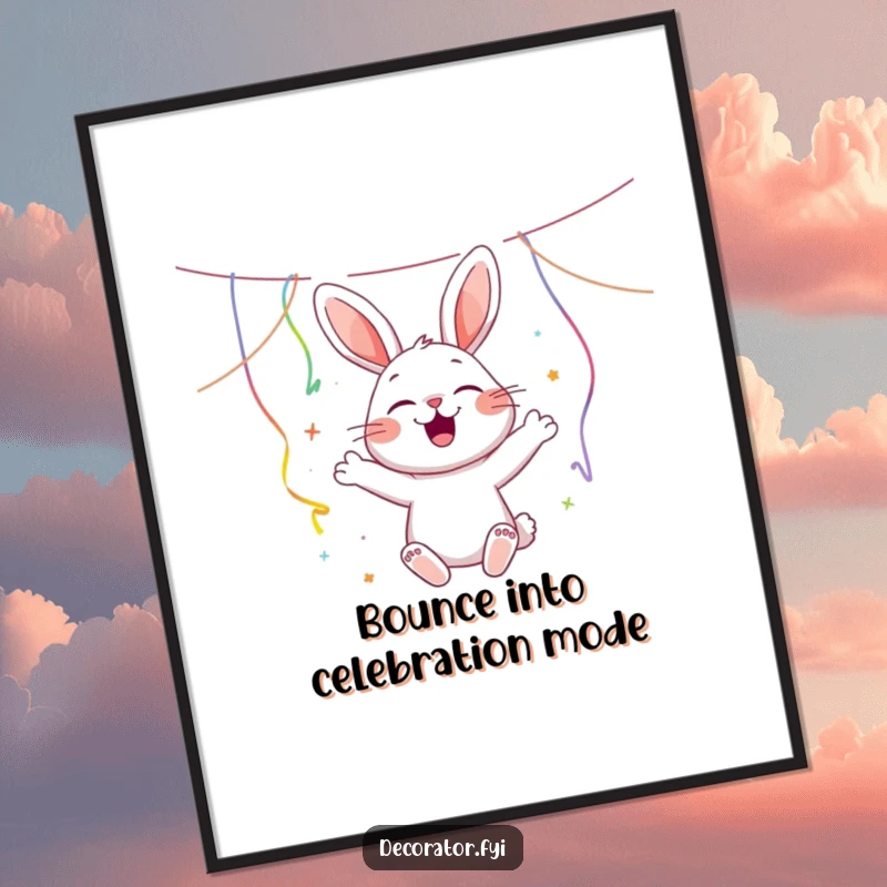Funny Free Printable Wall Art: A joyous rabbit bounces energetically, hanging a cascade of colorful party streamers.