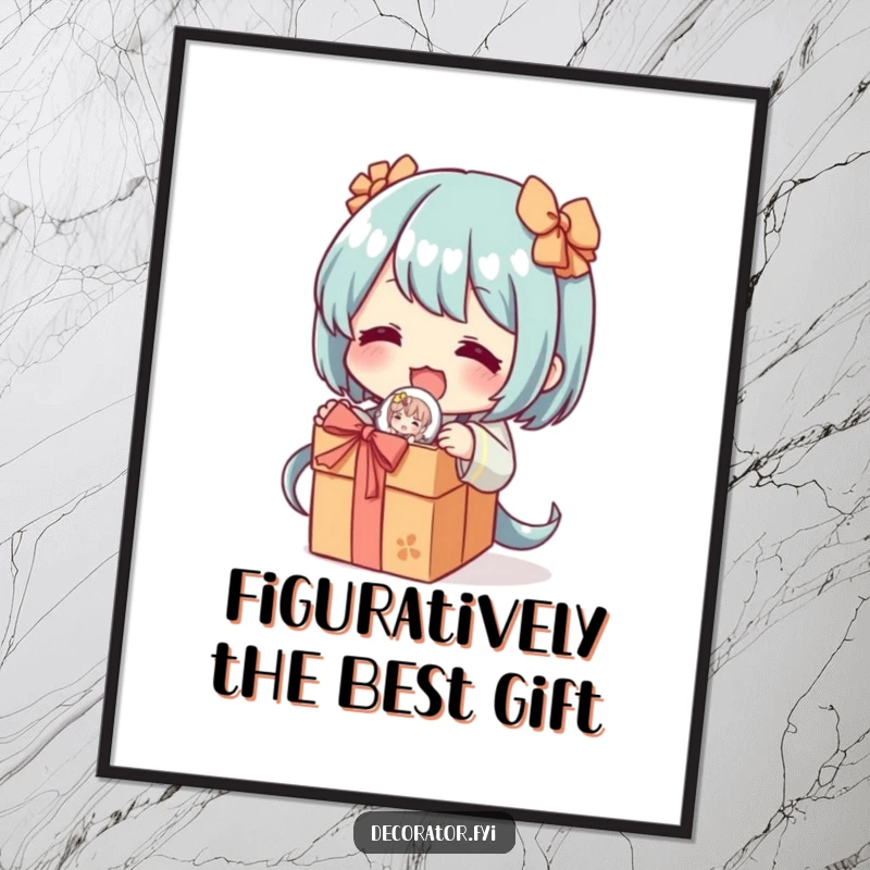 Funny Free Printable Wall Art: Character excitedly unwrapping a delicate decorative figurine, full of playful anticipation and humor.