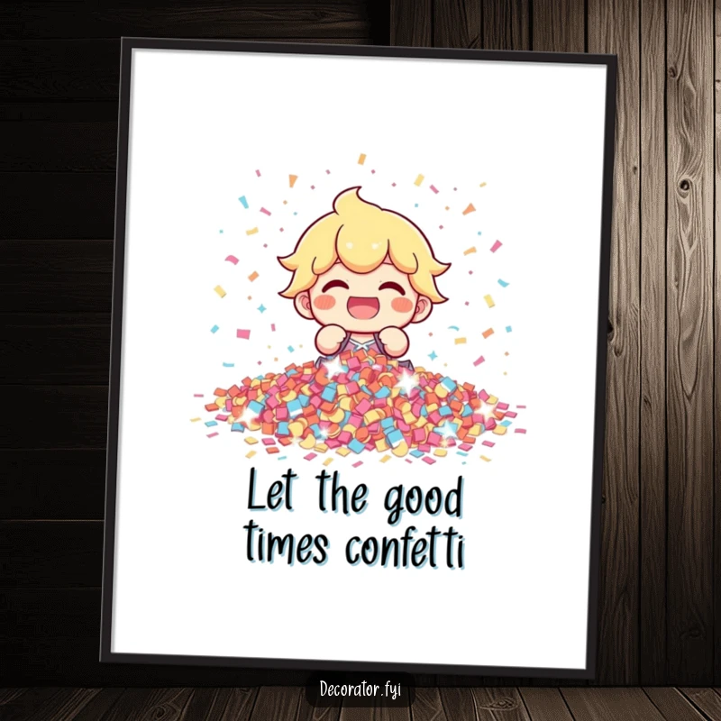 Funny Free Printable Wall Art: A giggling character gleefully arranging a huge pile of shimmering confetti, radiating pure happiness.