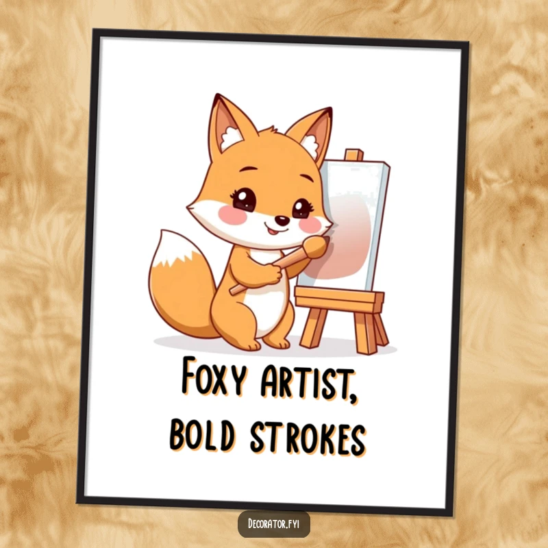 Funny Free Printable Wall Art: Fox artist with a paintbrush smiles at a canvas, celebrating creativity and inspiration.