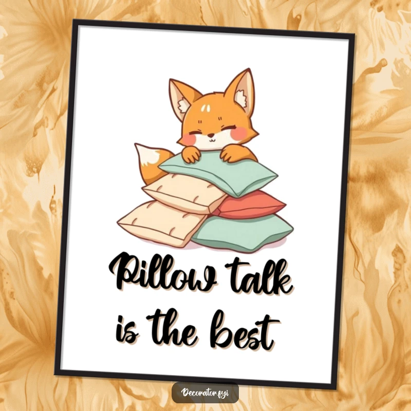 Funny Free Printable Wall Art: A mischievous fox winks playfully while artfully arranging a soft, inviting pile of cushions.