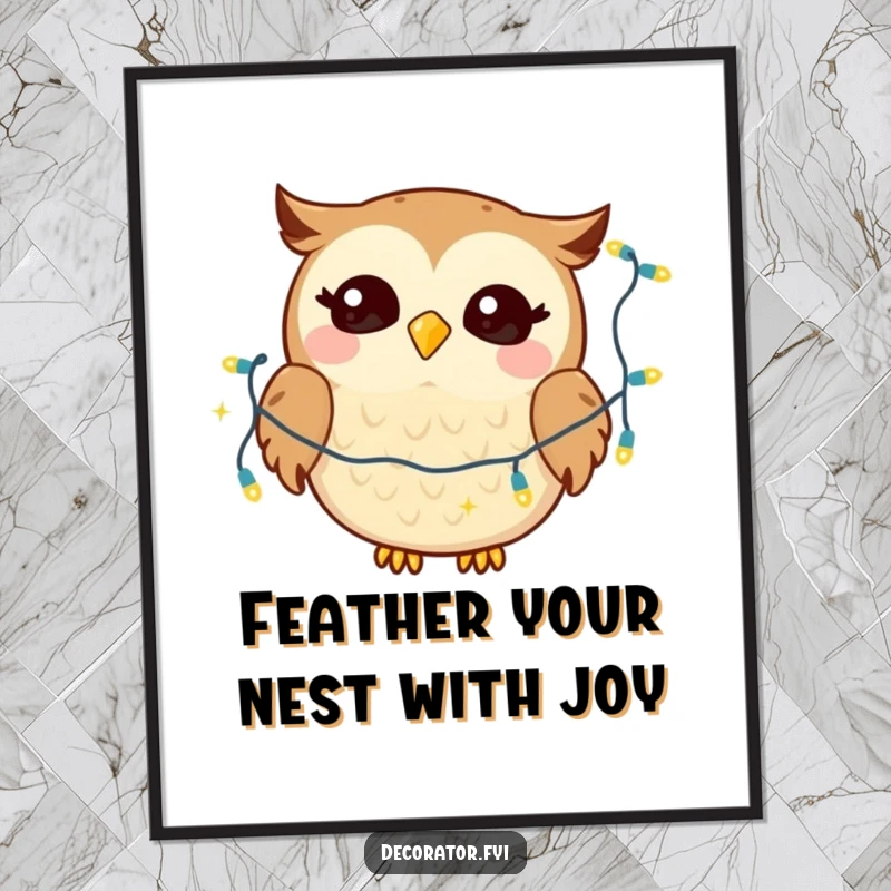 Free Printable Wall Art: Giggling owl drapes twinkling lights with absolute glee, a funny and whimsical piece.