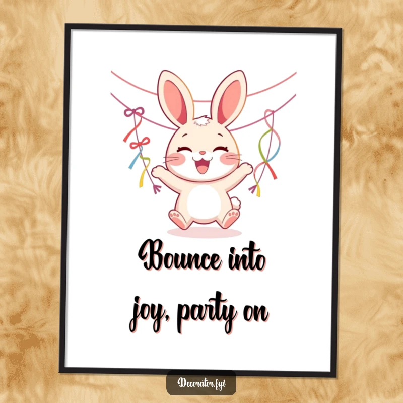 Funny Free Printable Wall Art: A joyous rabbit character captured mid-bounce while hanging colorful streamers, bringing festive energy to decor.