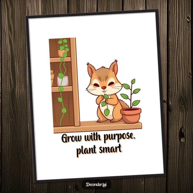 Funny Free Printable Wall Art: A determined squirrel character placing a tiny plant on a shelf, offering a serene and humorous decorative piece.