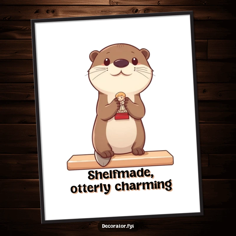 Funny Free Printable Wall Art: Otter carefully places a tiny statue on a shelf, adding a touch of whimsical order.