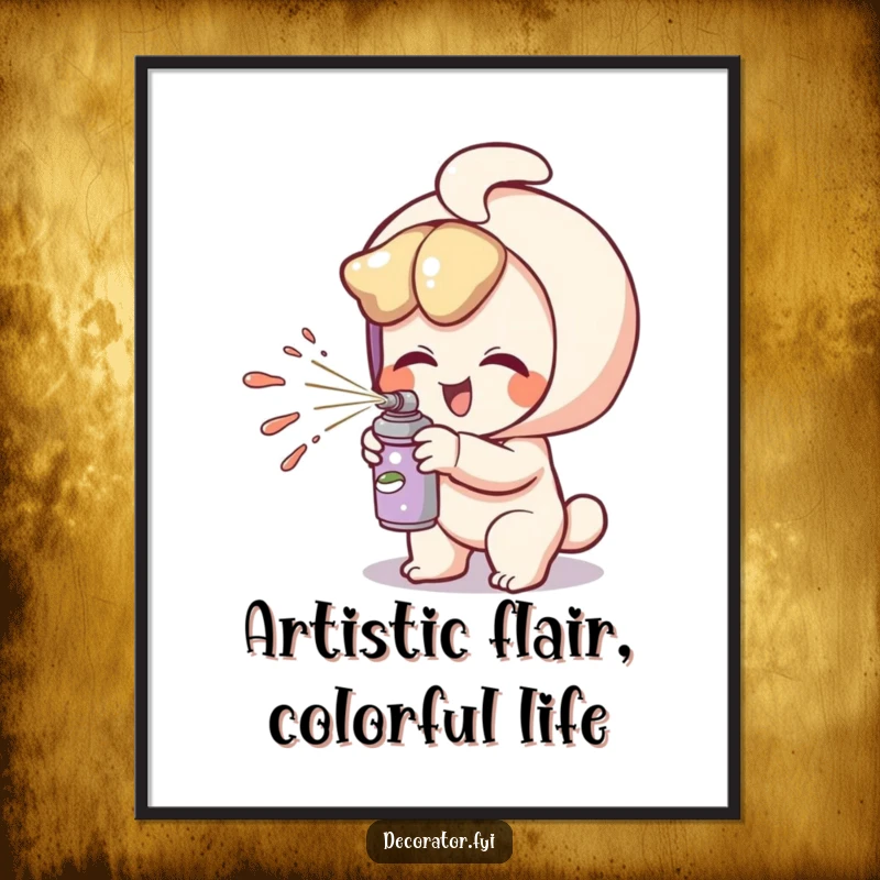 Funny Free Printable Wall Art: A giggling character playfully spritzes colorful paint from a small can, creating a vibrant, humorous image.