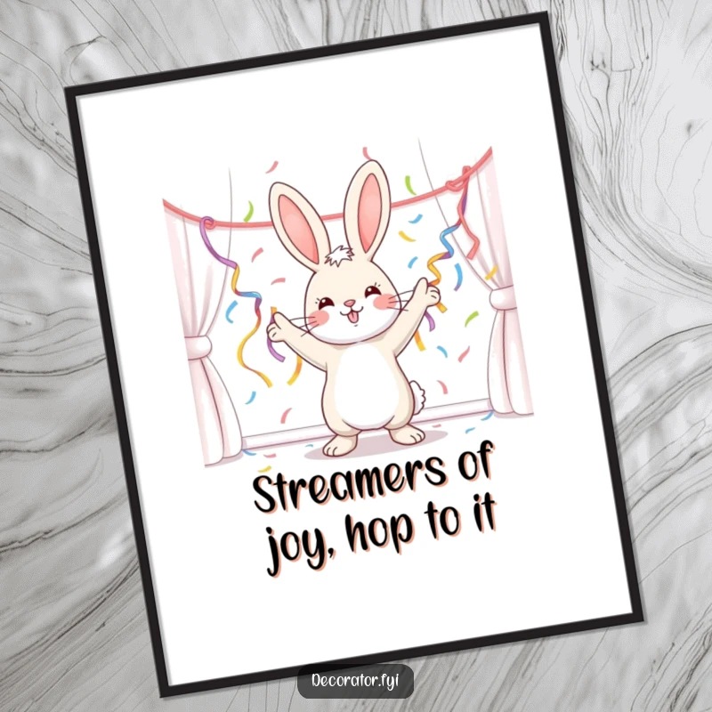 Funny Free Printable Wall Art: A cheerful bunny enthusiastically draping colorful streamers around a room, spreading party cheer.